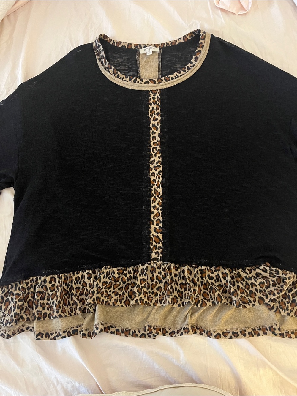 Umgee Black Oversized Top with Leopard Trim L
